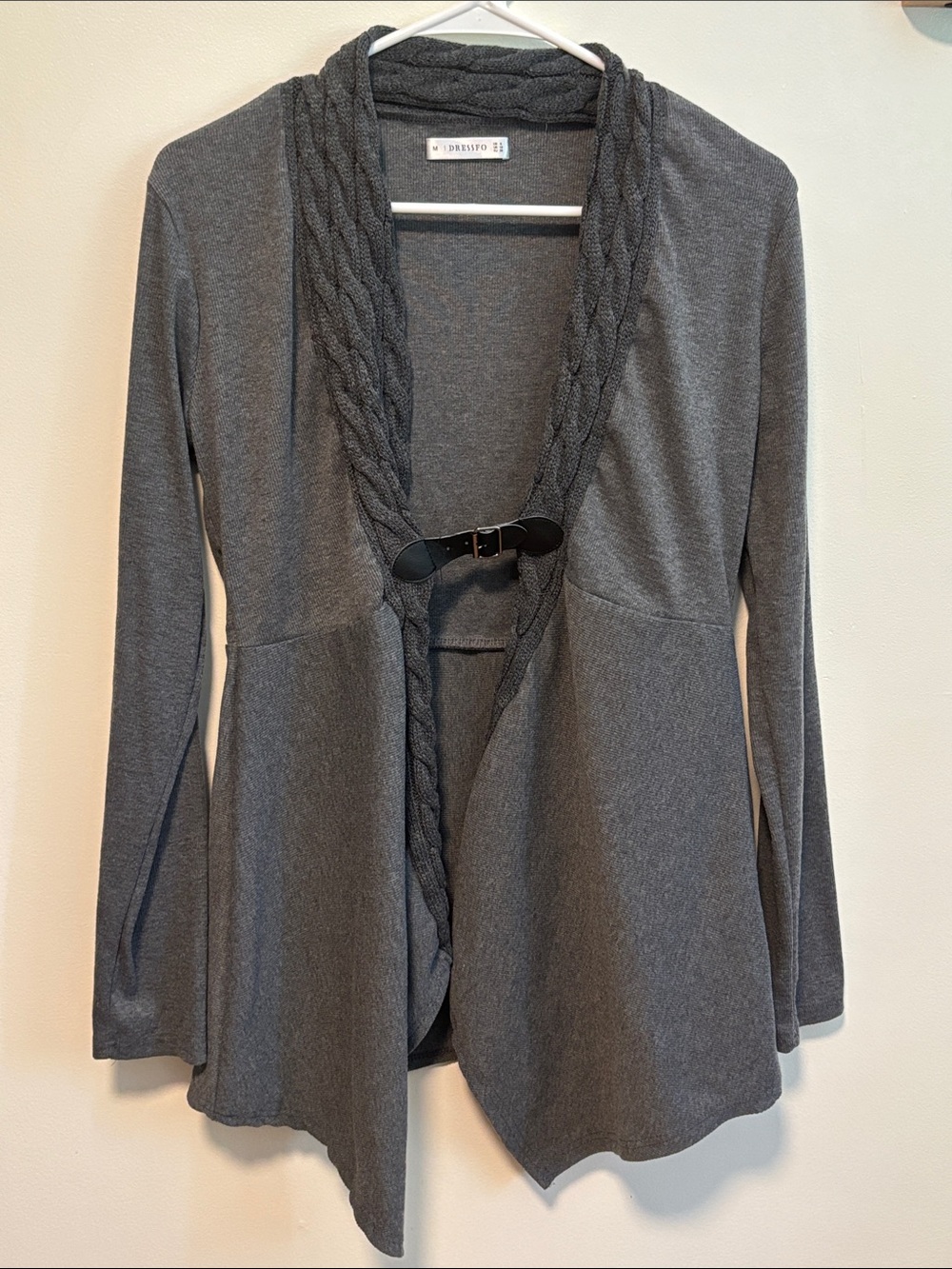 Braided Shawl Open-Front Cardigan with Buckle in Gray